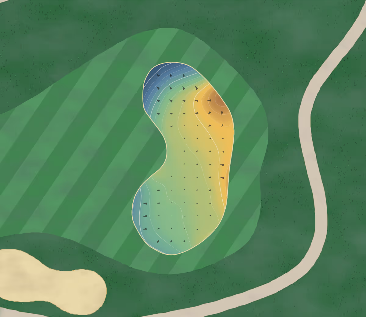 Green contour map of Old Top Farm in Genoa, Illinois — 110 elevation contours at a 3-inch interval with fall-line arrows, traced from 1-meter lidar