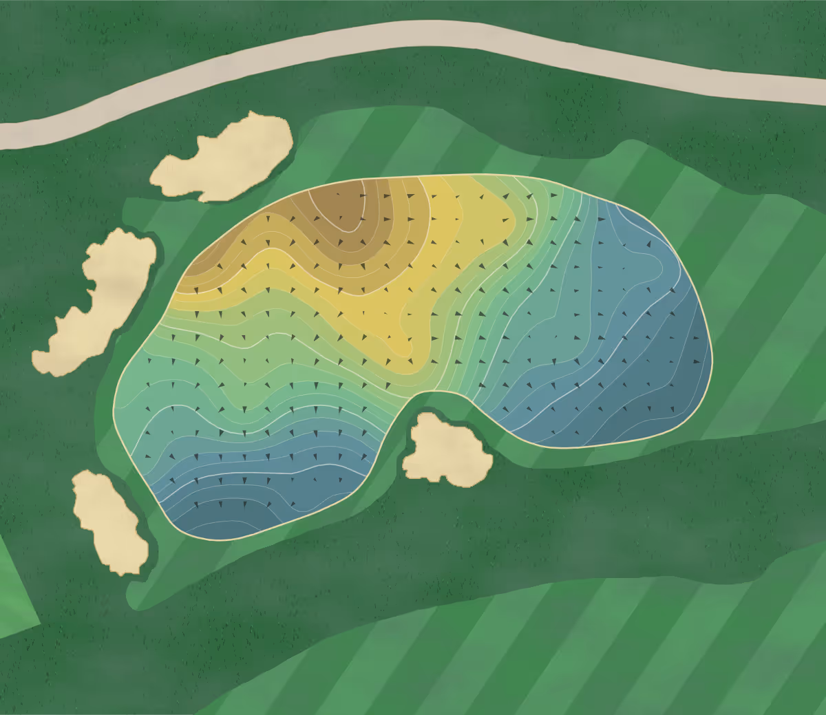 Green contour map of Old Town Club in Winston-Salem, North Carolina — 245 elevation contours at a 3-inch interval with fall-line arrows, traced from 1-meter lidar