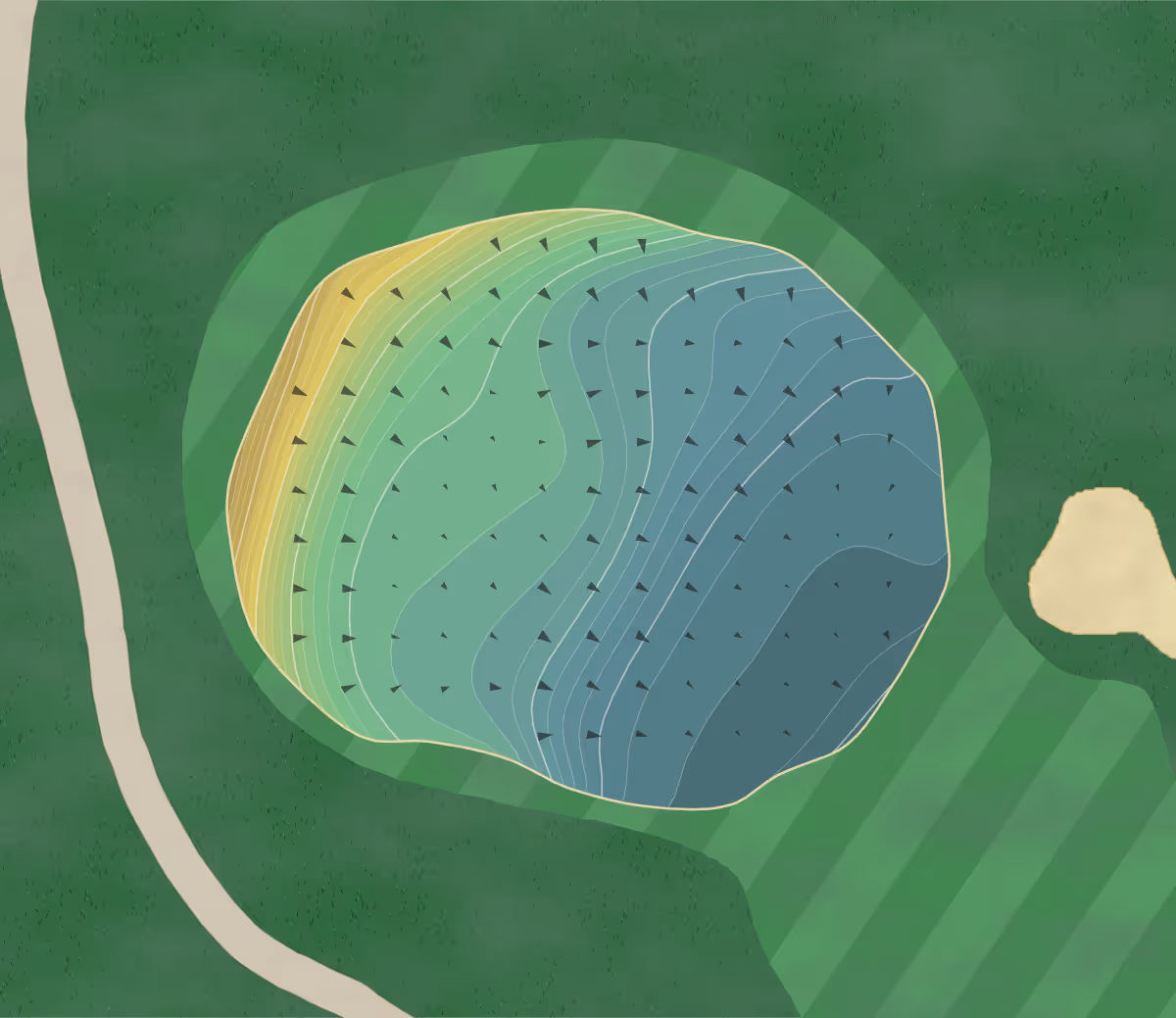 Green contour map of Old Waverly in West Point, Mississippi — 279 elevation contours at a 3-inch interval with fall-line arrows, traced from 1-meter lidar
