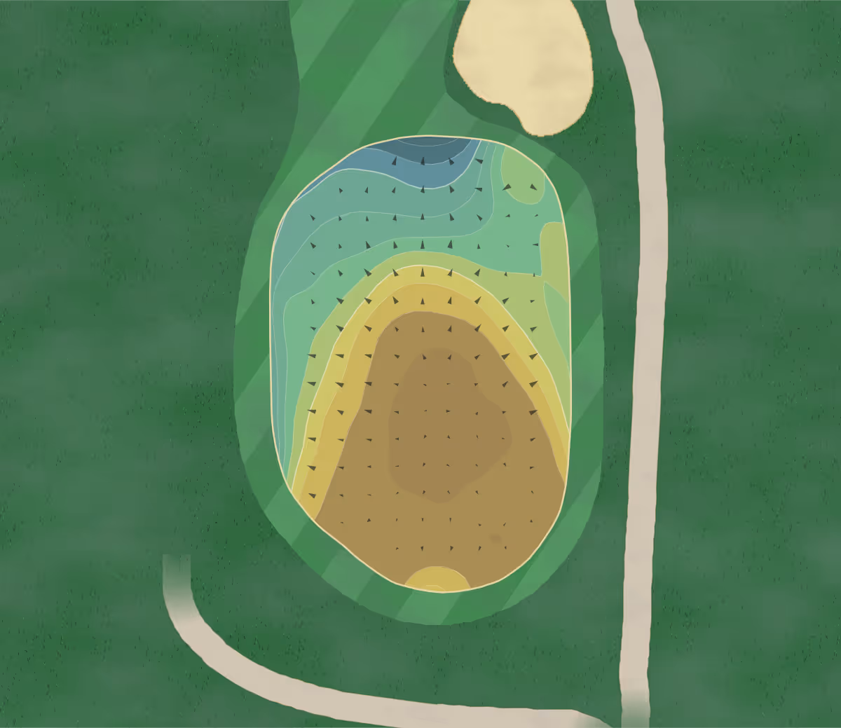 Green contour map of Old Wayne in West Chicago, Illinois — 18 elevation contours at a 3-inch interval with fall-line arrows, traced from 1-meter lidar