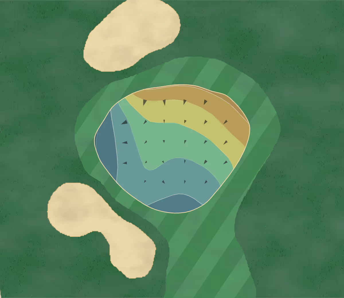 Green contour map of Olde Beau in Roaring Gap, North Carolina — 6 elevation contours at a 3-inch interval with fall-line arrows, traced from 1-meter lidar