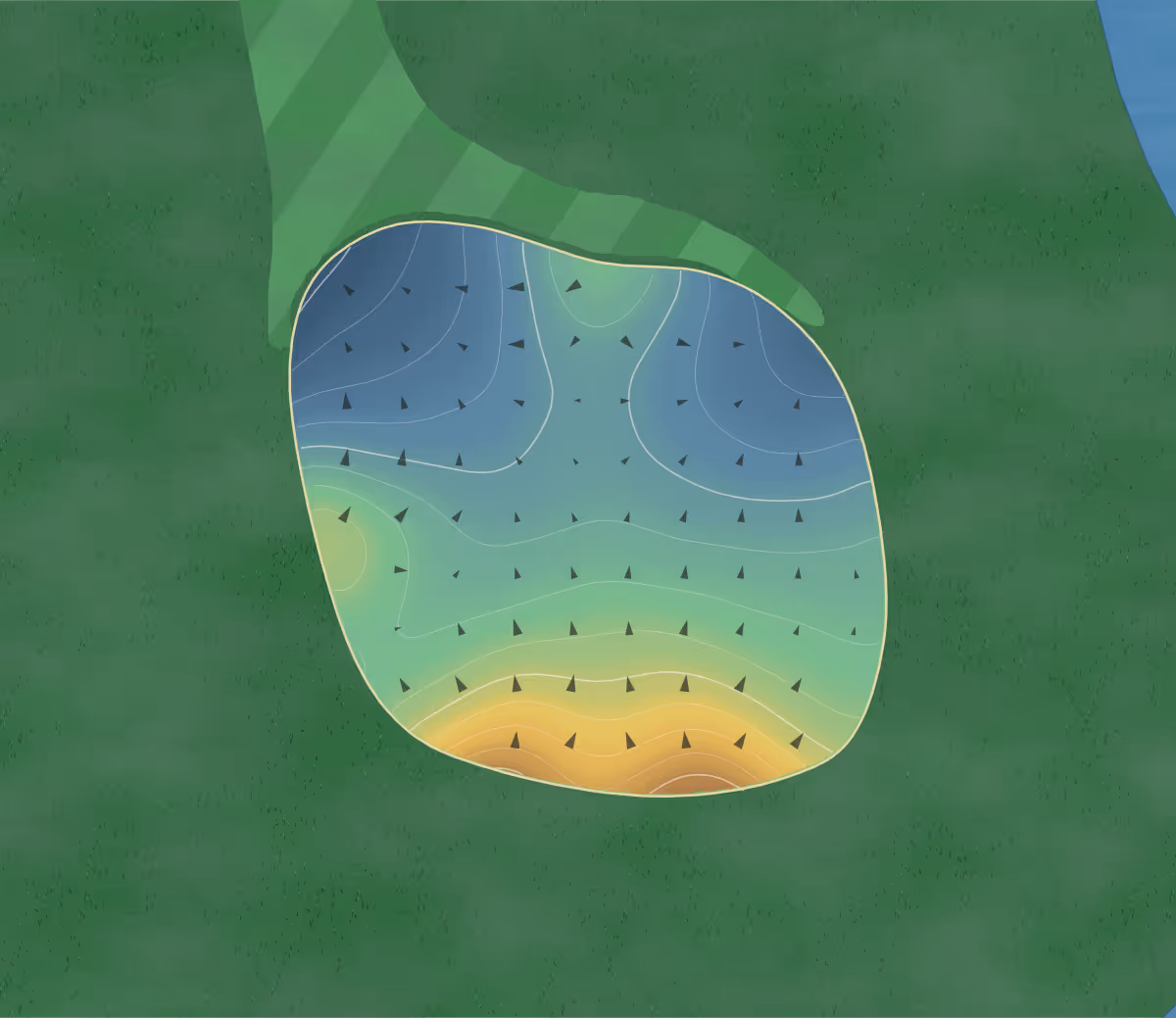 Green contour map of Olde Hickory in Ft. Myers, Florida: 179 elevation contours at a 3-inch interval with fall-line arrows, traced from 1-meter lidar