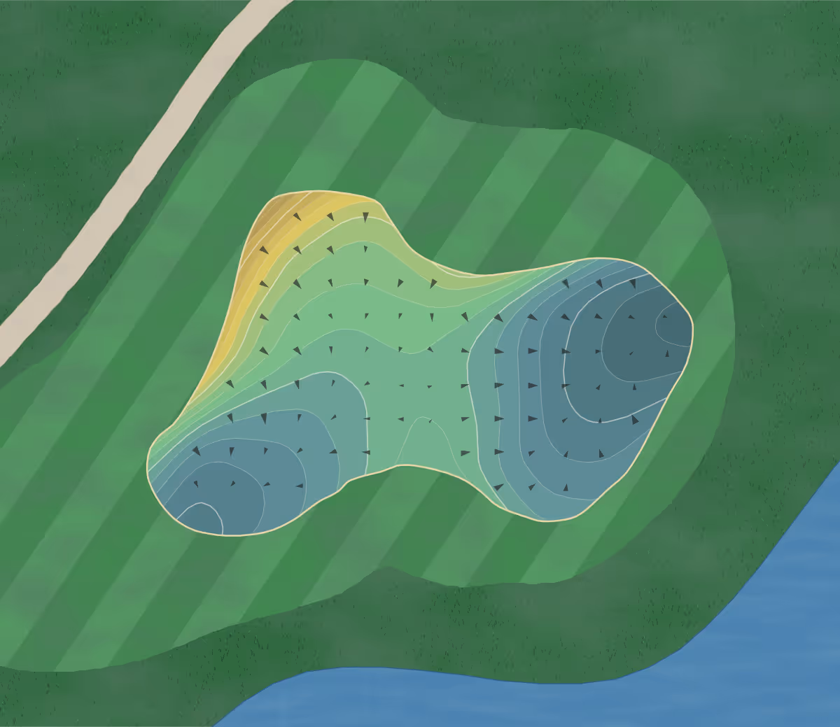 Green contour map of Olivas Park in Ventura, California — 243 elevation contours at a 3-inch interval with fall-line arrows, traced from 1-meter lidar