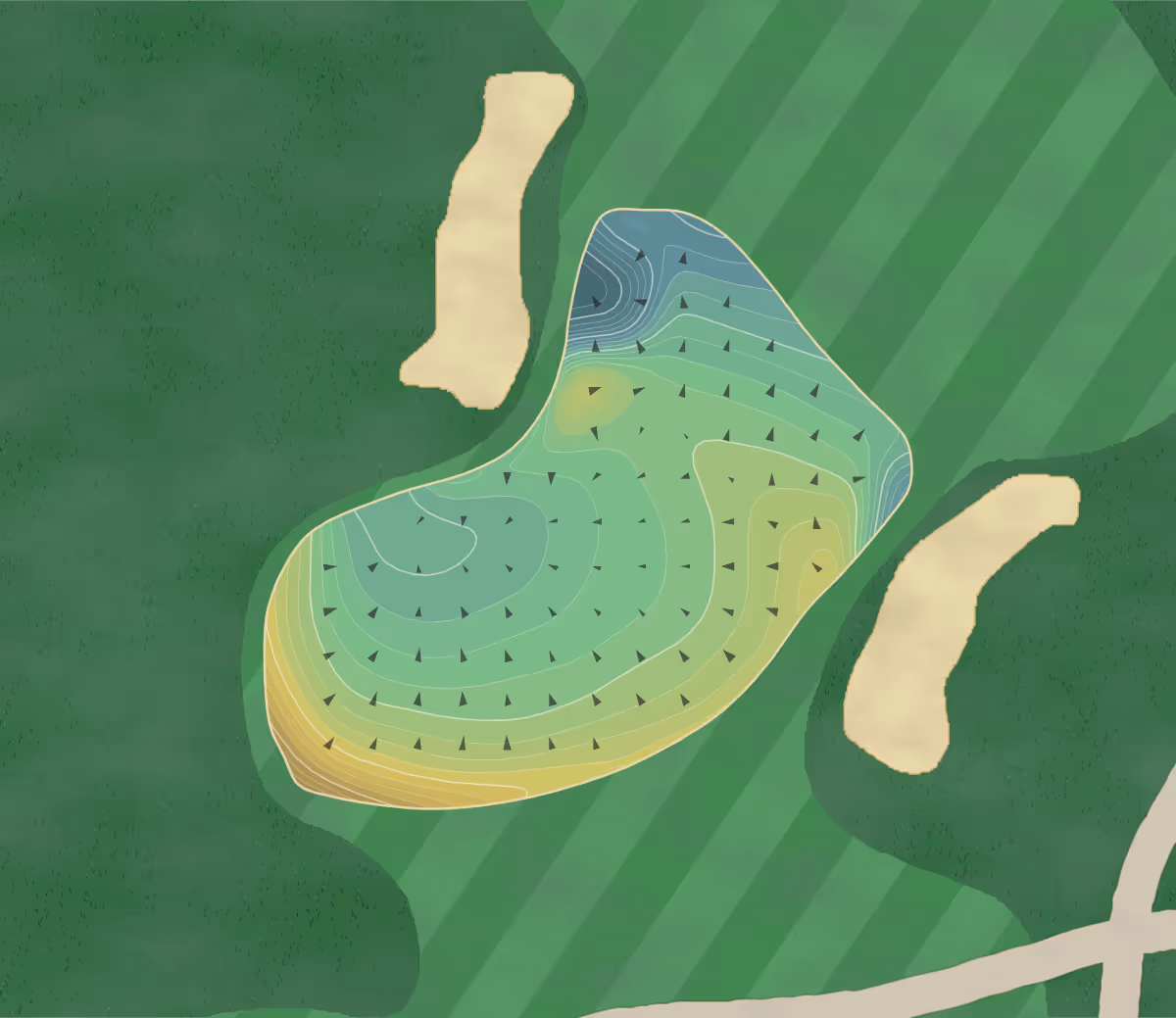 Green contour map of Olympia Fields in Olympia Fields, Illinois — 460 elevation contours at a 3-inch interval with fall-line arrows, traced from 1-meter lidar