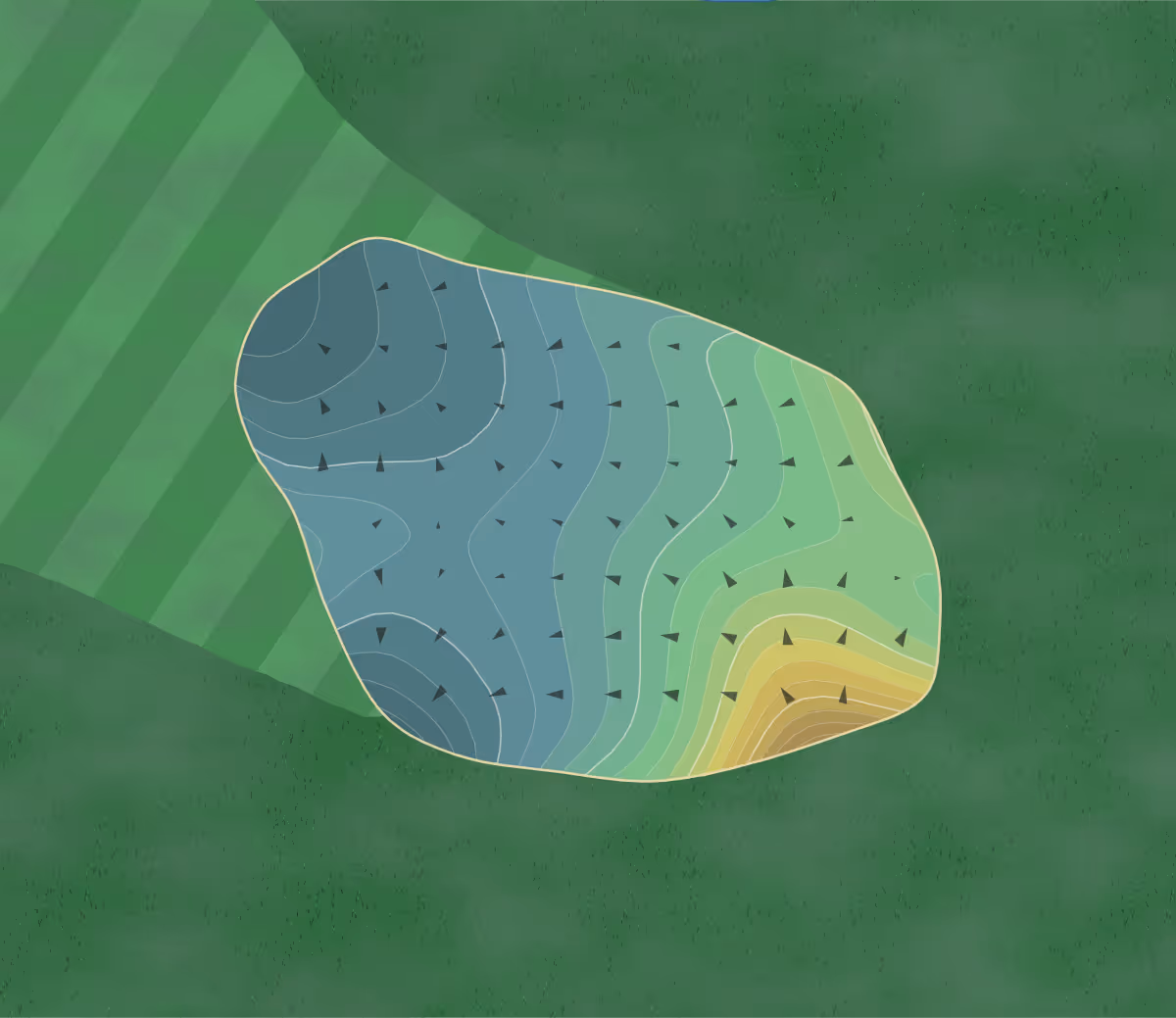 Green contour map of Olympia Hills in Universal City, Texas — 245 elevation contours at a 3-inch interval with fall-line arrows, traced from 1-meter lidar