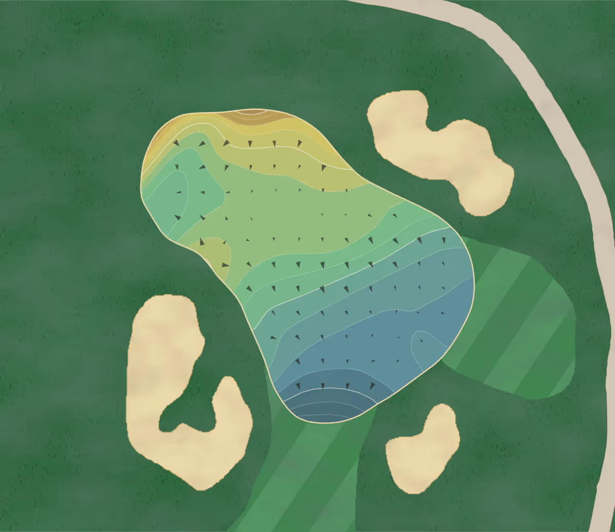 Green contour map of Olympic Club in San Francisco, California — 629 elevation contours at a 3-inch interval with fall-line arrows, traced from 1-meter lidar
