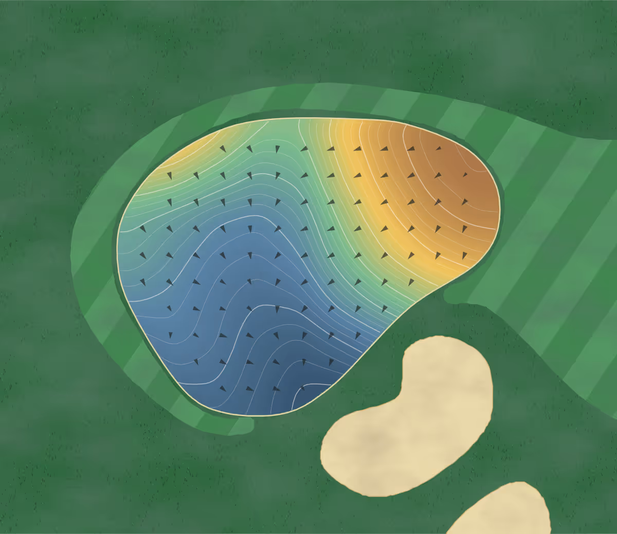 Green contour map of Olympic in Hachioji, Japan: 457 elevation contours at a 8-centimeter interval with fall-line arrows, traced from 1-meter lidar