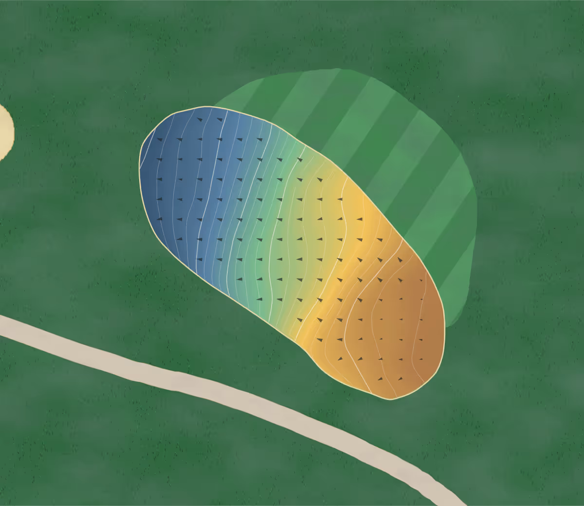 Green contour map of Olympic View in Victoria, Canada: 223 elevation contours at a 8-centimeter interval with fall-line arrows, traced from 1-meter lidar