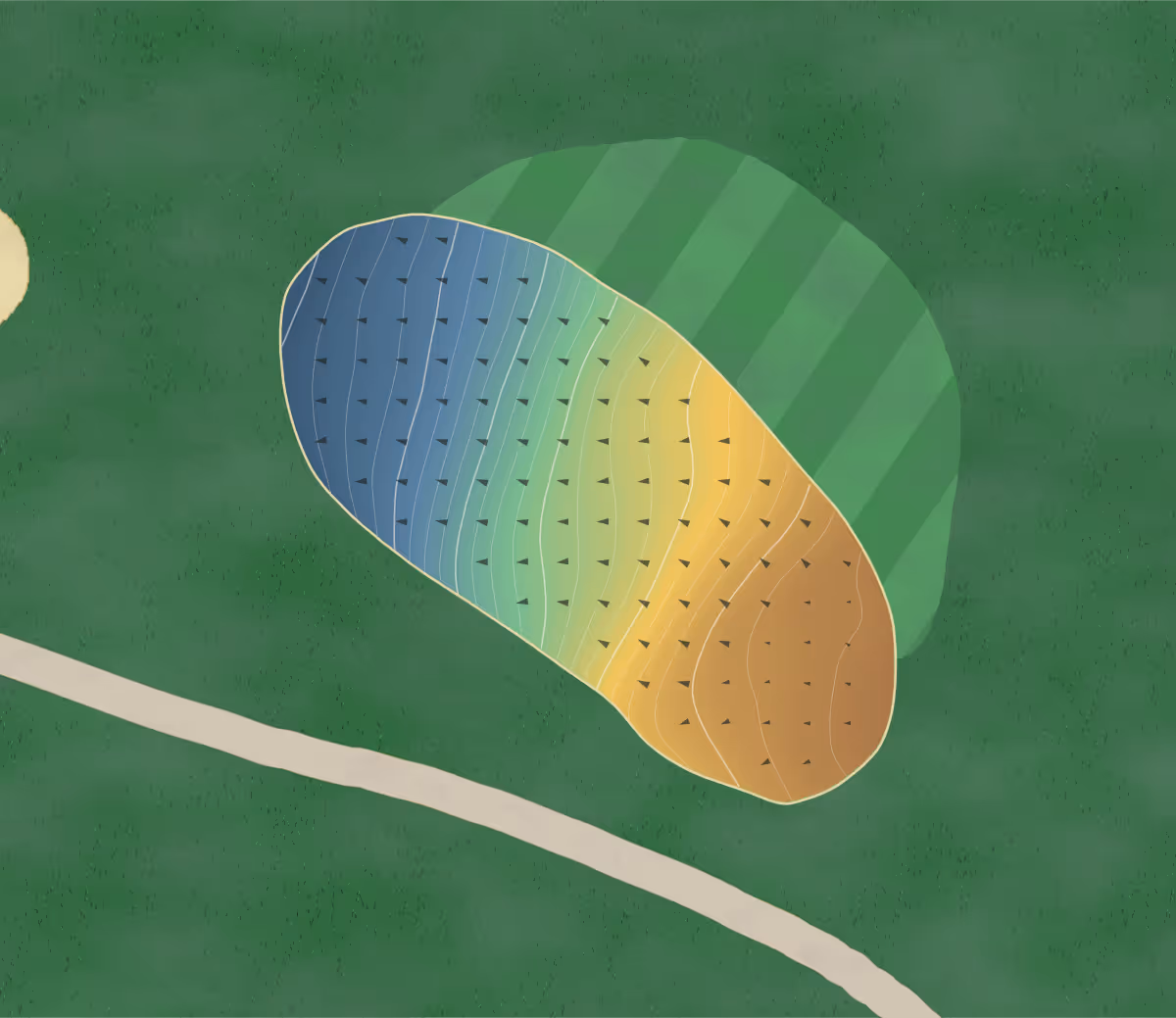 Green contour map of Olympic View in Victoria, Canada — 229 elevation contours at a 8-centimeter interval with fall-line arrows, traced from 1-meter lidar