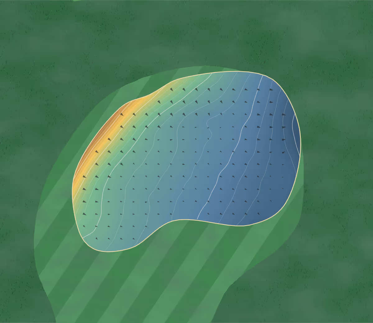 Green contour map of Ombersley in Nr Droitwich, England: 19 elevation contours at a 8-centimeter interval with fall-line arrows, traced from 1-meter lidar