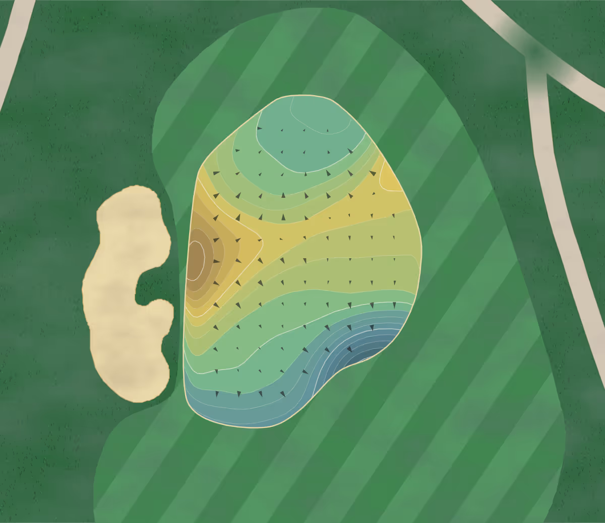 Green contour map of Tucson National in Tucson, Arizona — 326 elevation contours at a 3-inch interval with fall-line arrows, traced from 1-meter lidar