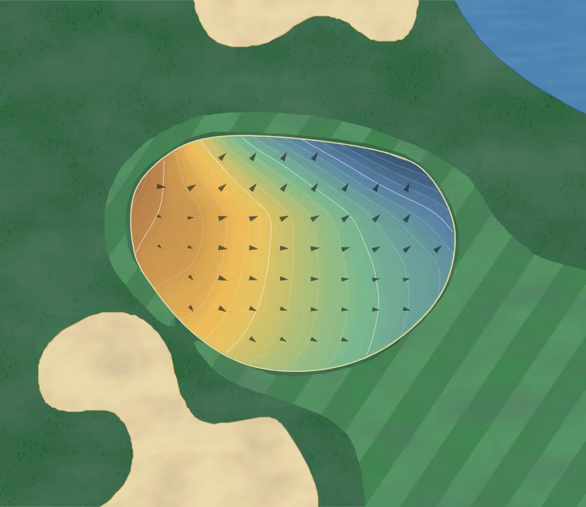 Green contour map of Old Lake in Shitara, Japan: 451 elevation contours at a 8-centimeter interval with fall-line arrows, traced from 1-meter lidar