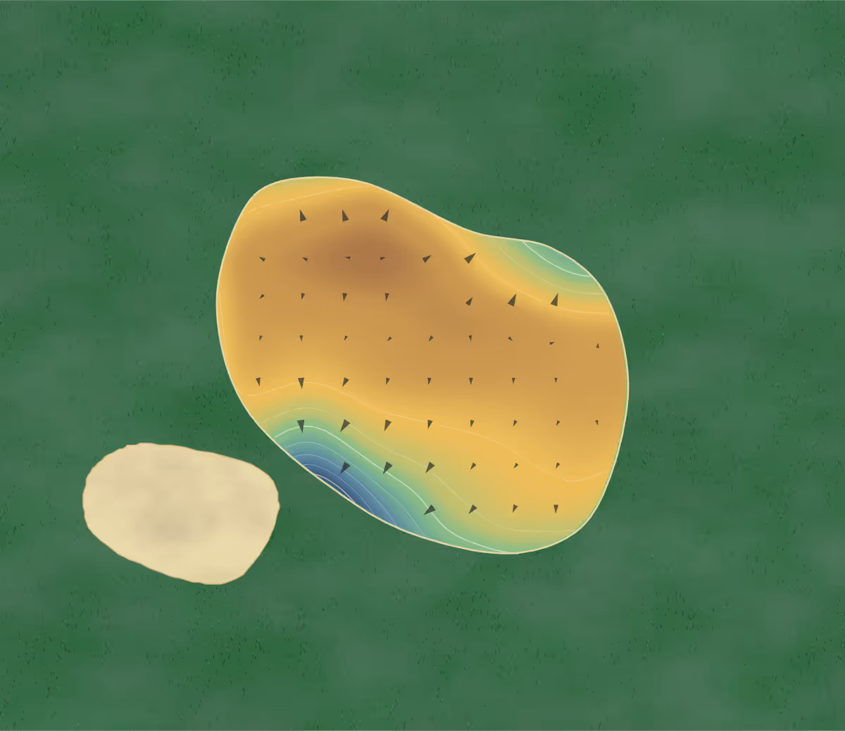Green contour map of Otagawa in Ōta, Japan: 59 elevation contours at a 8-centimeter interval with fall-line arrows, traced from 1-meter lidar