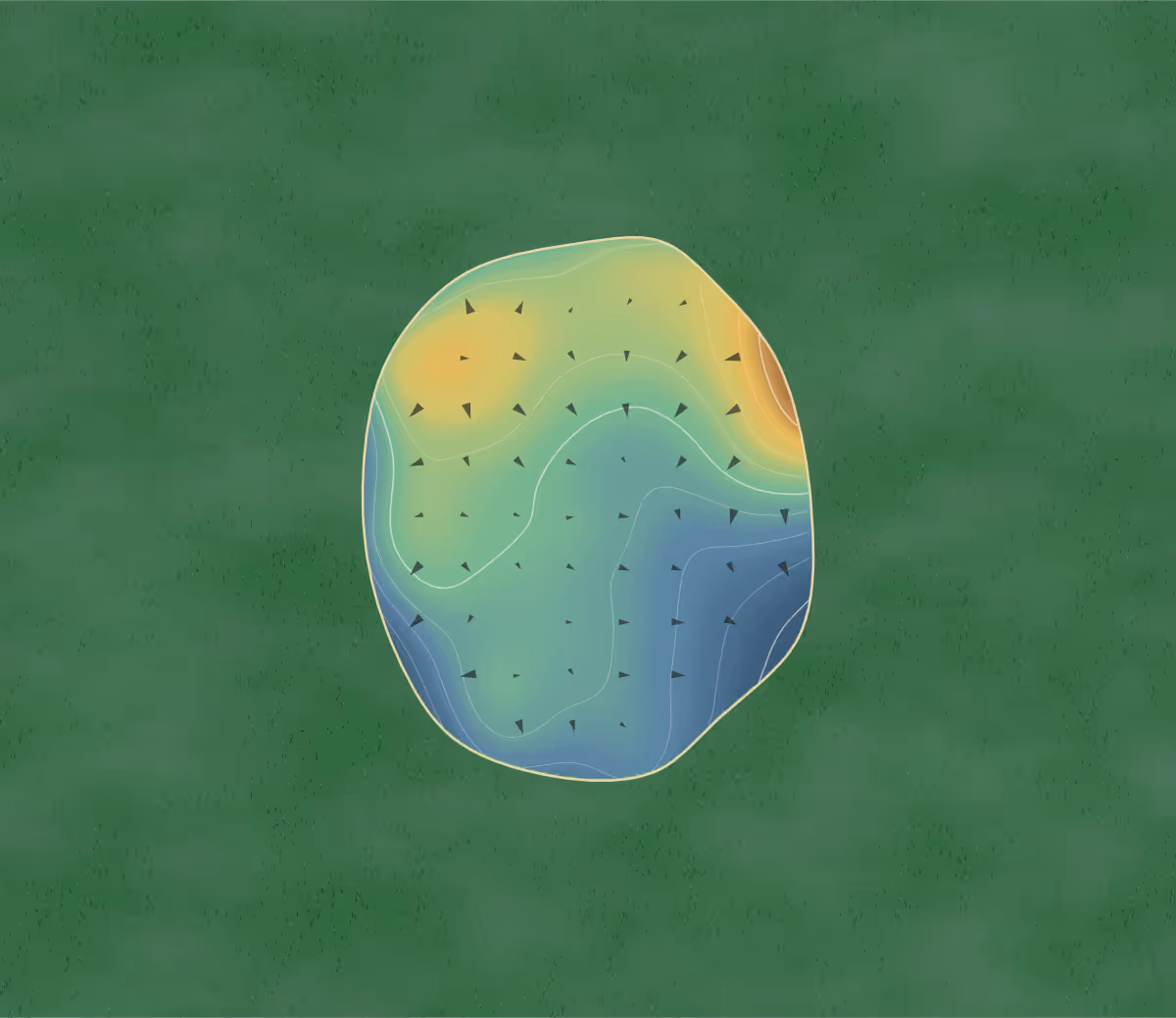 Green contour map of Opunake in Ōpunake, New Zealand — 153 elevation contours at a 8-centimeter interval with fall-line arrows, traced from 1-meter lidar