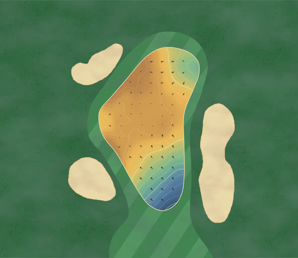 Green contour map of Orange Course in Lillington, Illinois — 77 elevation contours at a 3-inch interval with fall-line arrows, traced from 1-meter lidar