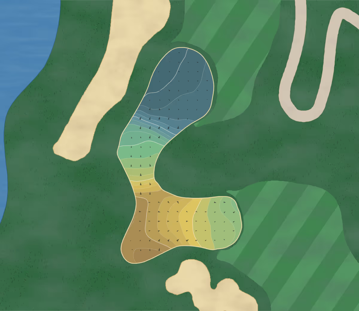 Green contour map of Orchard Valley in Aurora, Illinois — 170 elevation contours at a 3-inch interval with fall-line arrows, traced from 1-meter lidar
