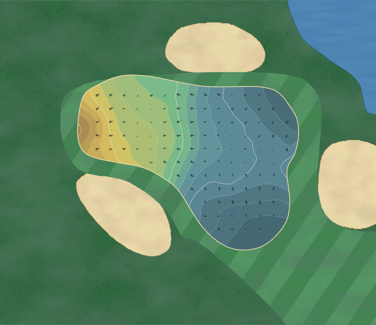 Green contour map of Orchardleigh GC in Frome, England — 200 elevation contours at a 8-centimeter interval with fall-line arrows, traced from 1-meter lidar
