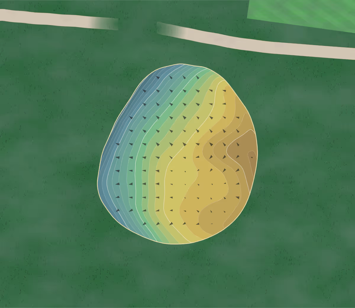 Green contour map of Orchards Golf in South Hadley, Massachusetts — 256 elevation contours at a 3-inch interval with fall-line arrows, traced from 1-meter lidar