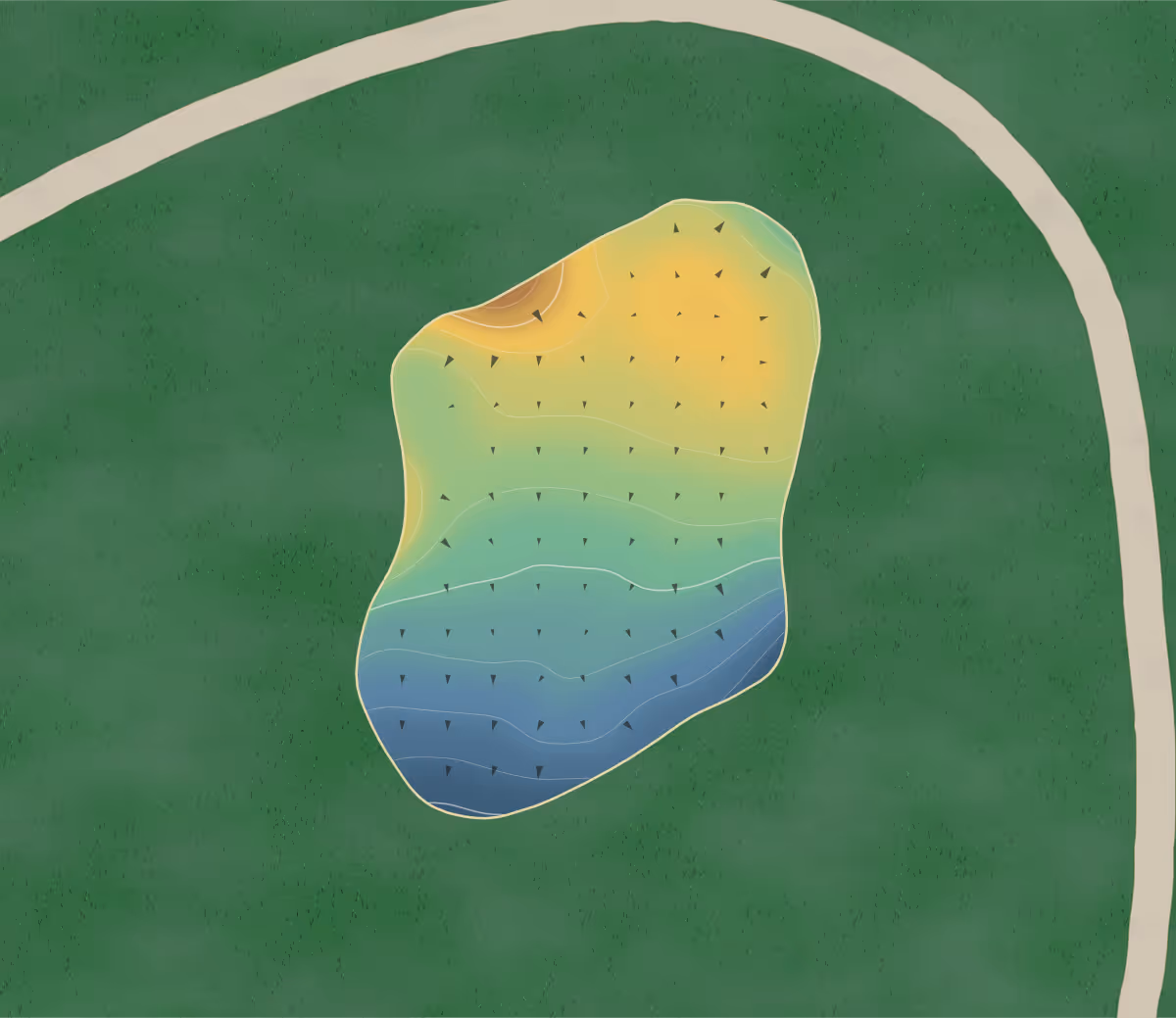 Green contour map of Orgill Park Golf Course in Millington, Tennessee — 177 elevation contours at a 3-inch interval with fall-line arrows, traced from 1-meter lidar
