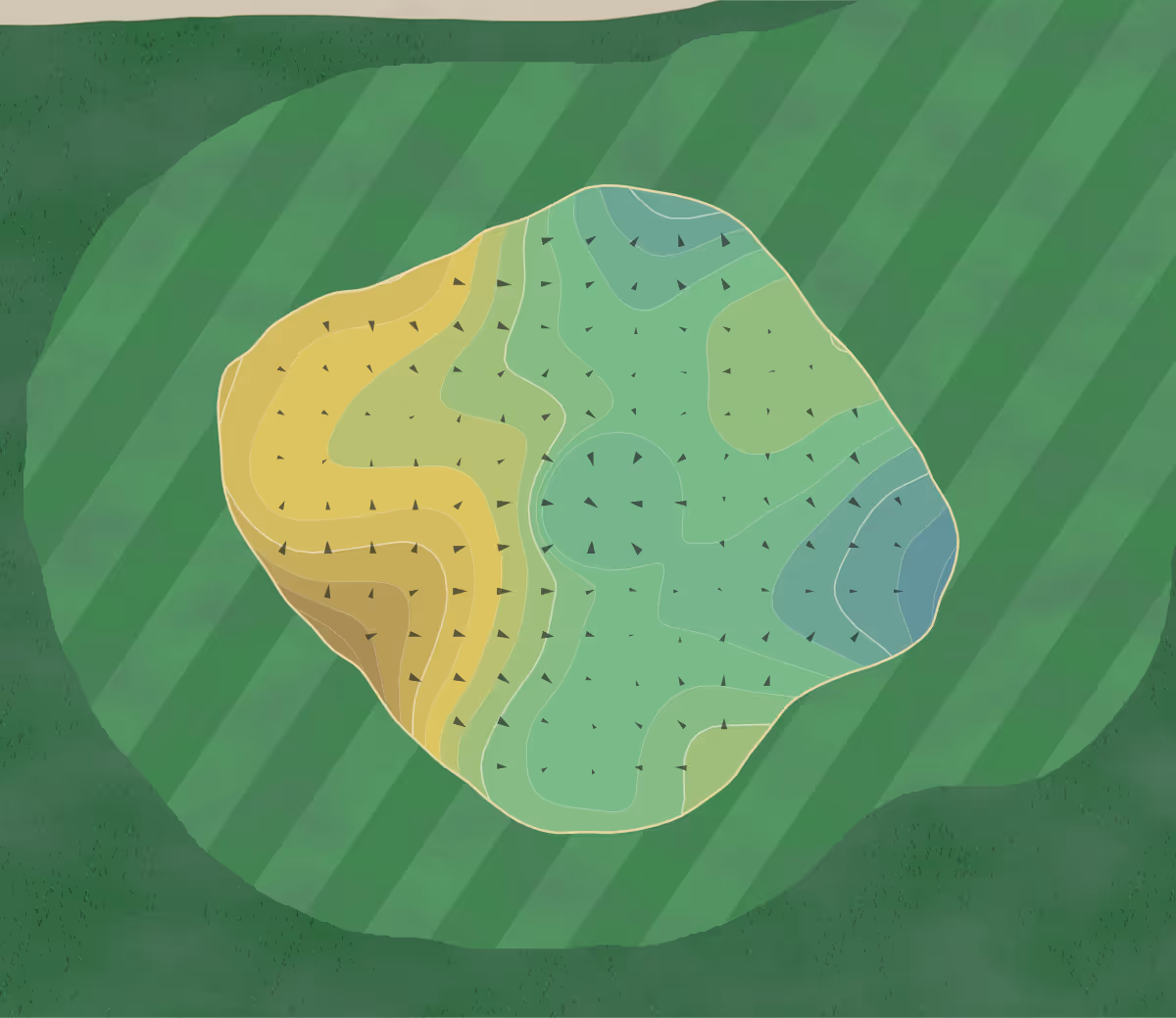 Green contour map of Origins in Panama City, Florida — 99 elevation contours at a 3-inch interval with fall-line arrows, traced from 1-meter lidar