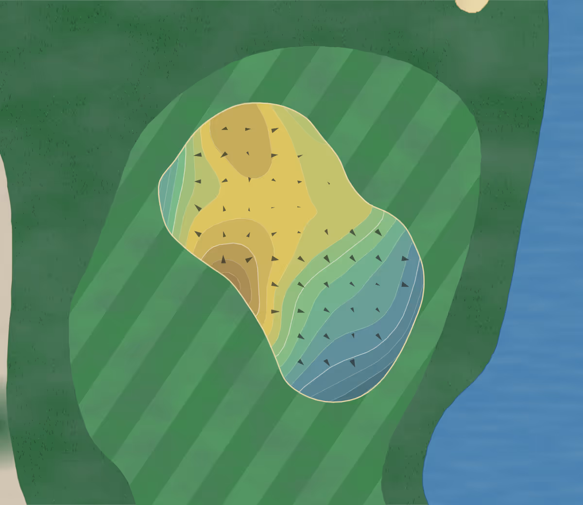 Green contour map of Oriole GC in Margate, Florida — 230 elevation contours at a 3-inch interval with fall-line arrows, traced from 1-meter lidar
