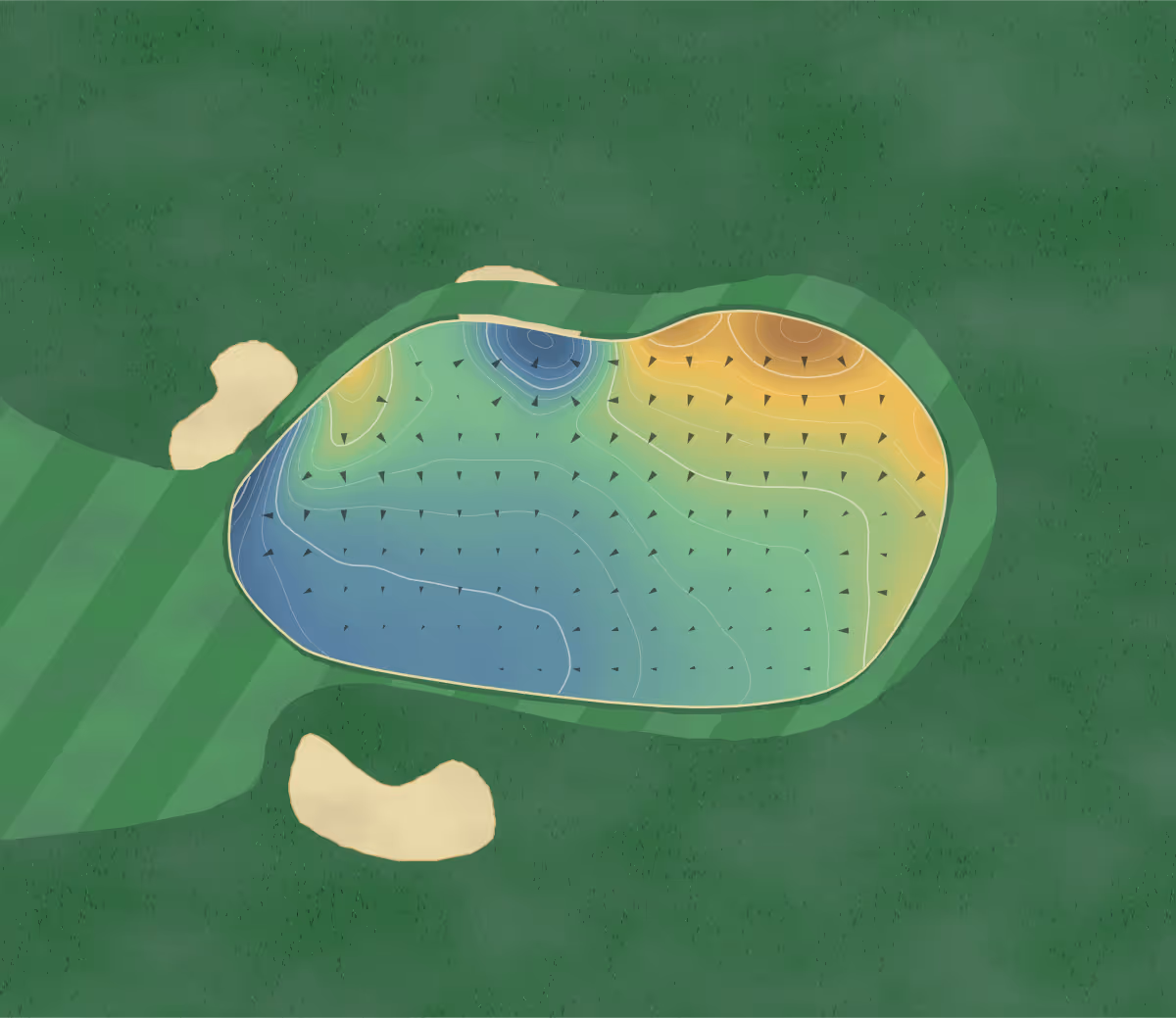 Green contour map of Ormskirk in Ormskirk, England — 165 elevation contours at a 8-centimeter interval with fall-line arrows, traced from 1-meter lidar