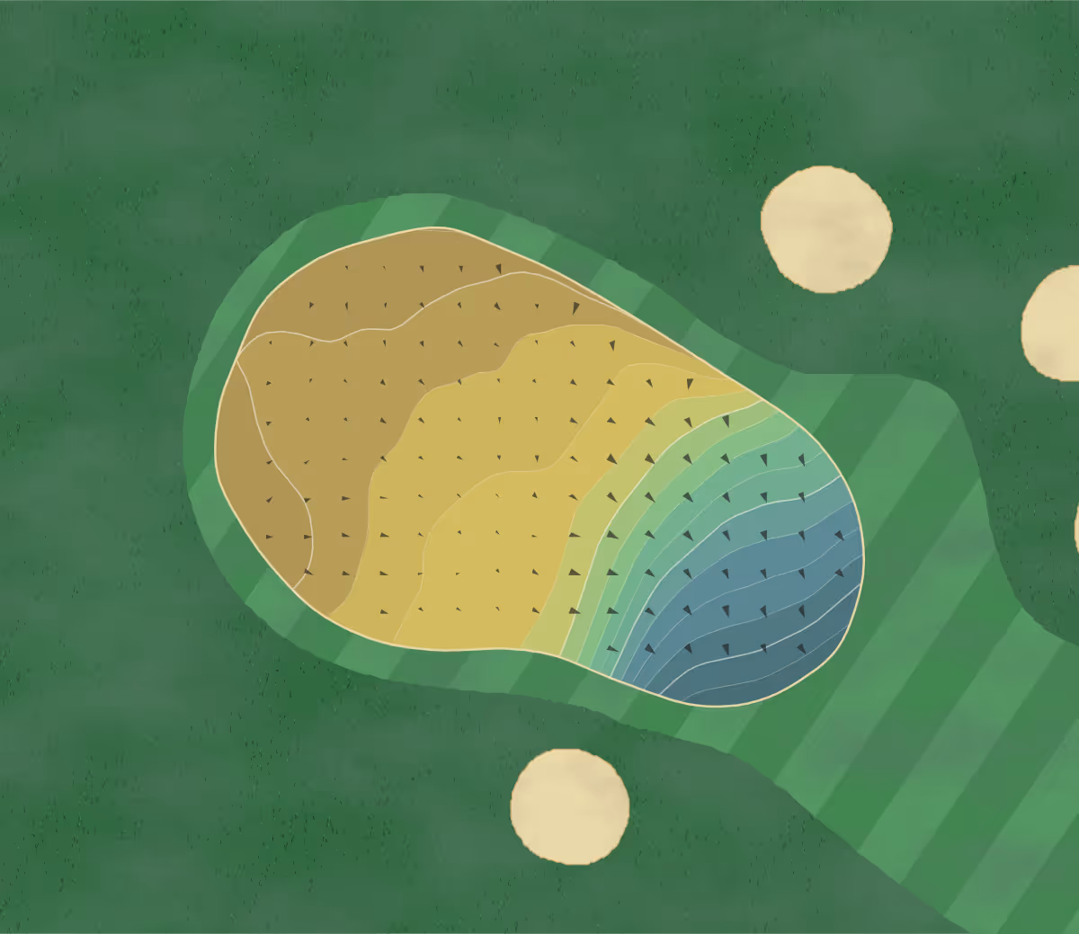 Green contour map of Saint Cleres Hall in Orsett, England — 68 elevation contours at a 8-centimeter interval with fall-line arrows, traced from 1-meter lidar