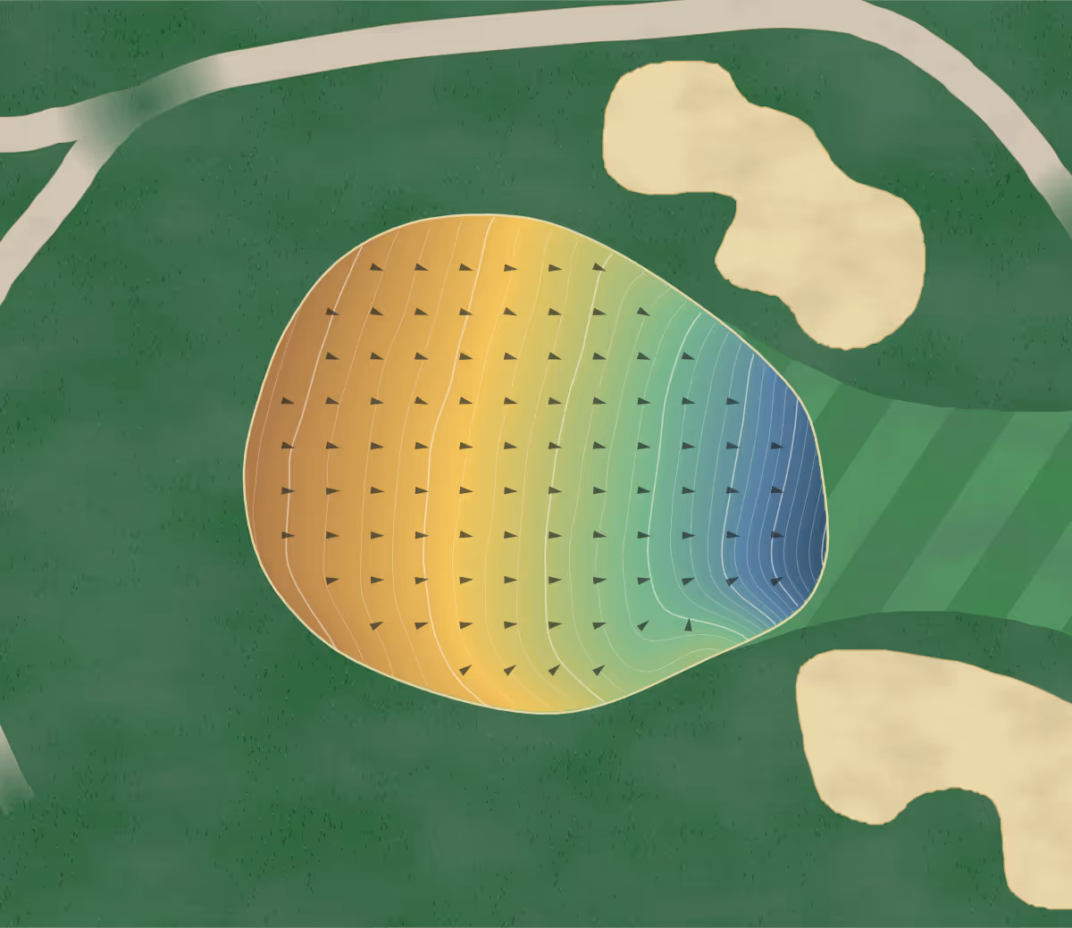 Green contour map of Oshawa Golf in Oshawa, Canada — 250 elevation contours at a 8-centimeter interval with fall-line arrows, traced from 1-meter lidar