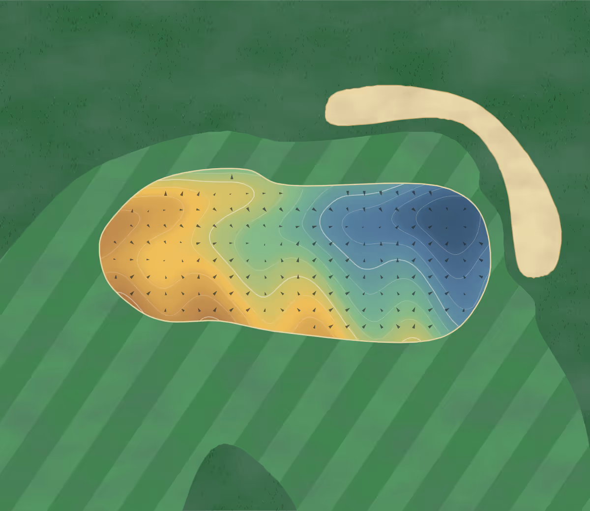 Green contour map of Oundle in Peterborough, England — 111 elevation contours at a 8-centimeter interval with fall-line arrows, traced from 1-meter lidar