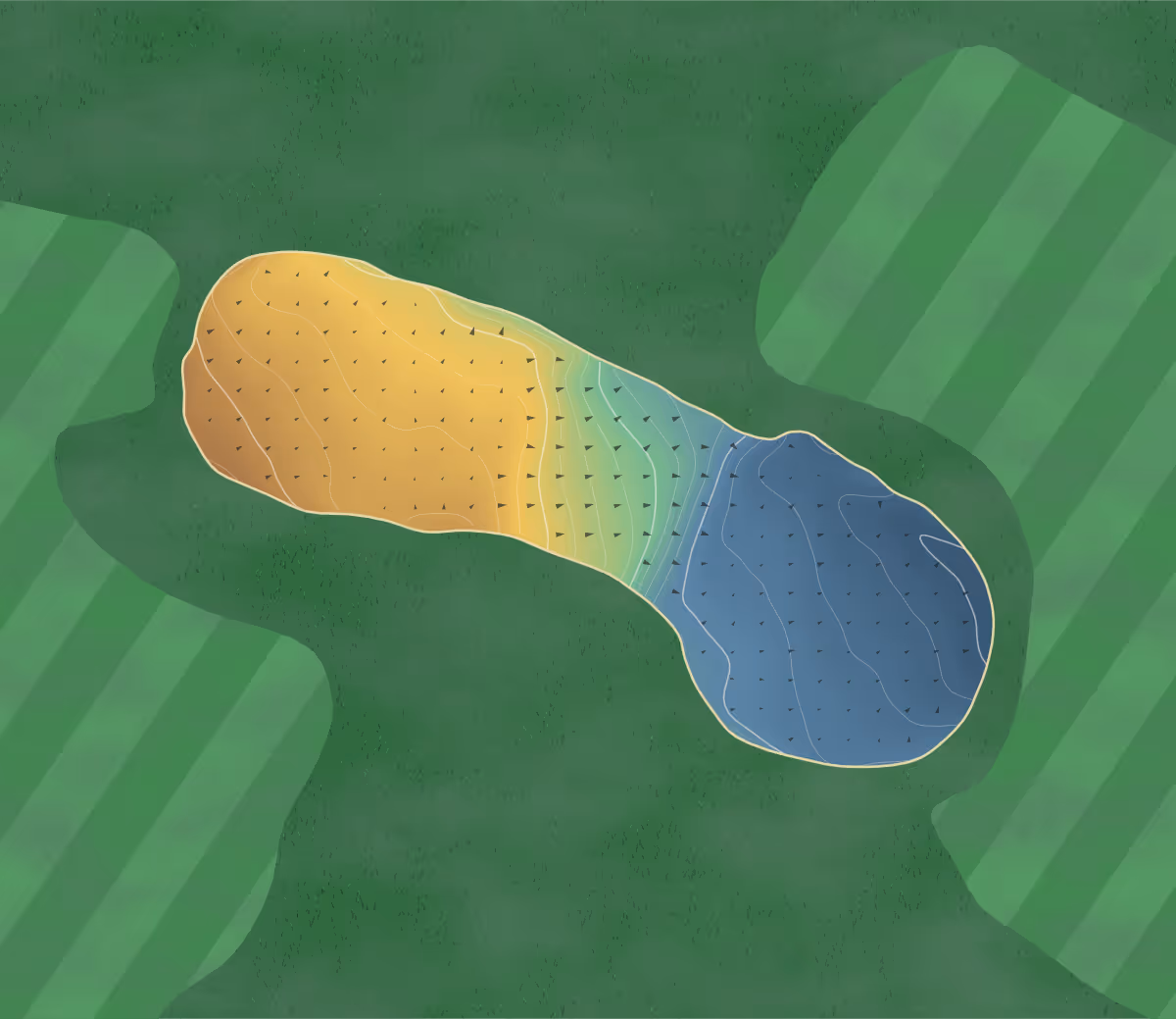 Green contour map of Outlane in Huddersfield, England: 202 elevation contours at a 8-centimeter interval with fall-line arrows, traced from 1-meter lidar