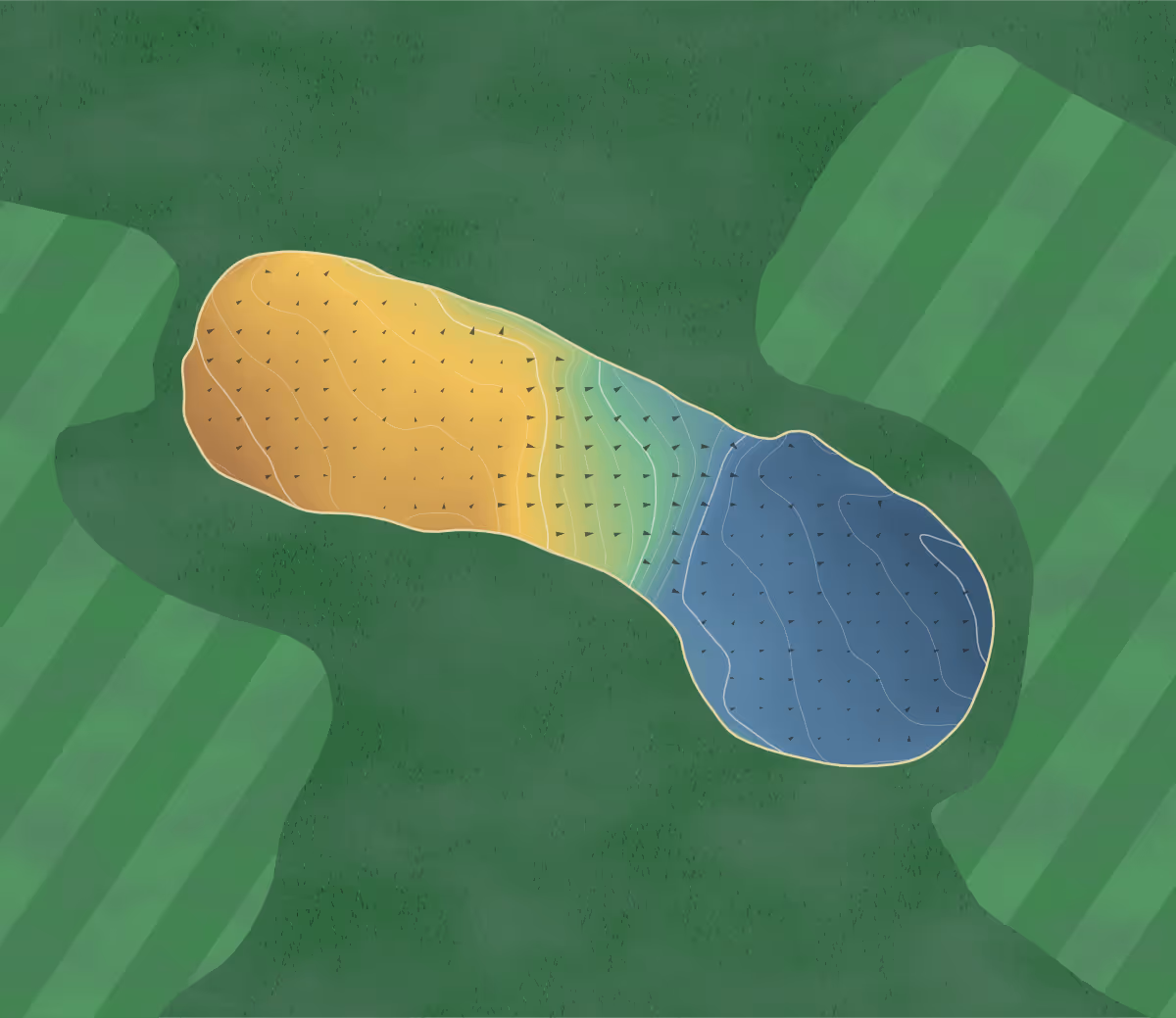 Green contour map of Outlane in Huddersfield, England — 202 elevation contours at a 8-centimeter interval with fall-line arrows, traced from 1-meter lidar