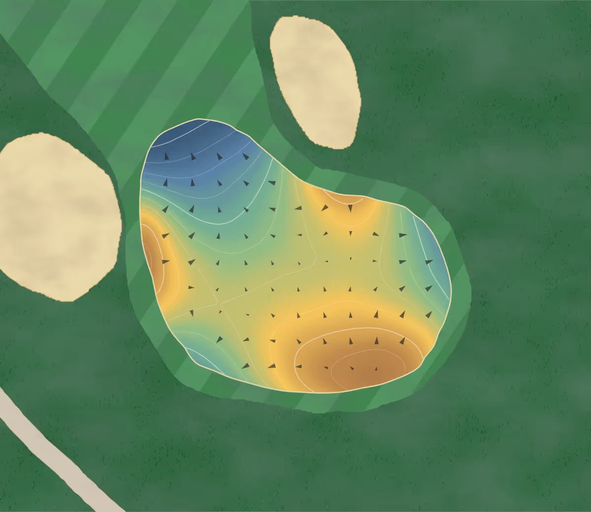 Green contour map of Overland Park in Denver, Colorado — 133 elevation contours at a 3-inch interval with fall-line arrows, traced from 1-meter lidar