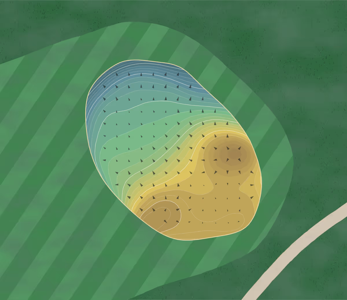 Green contour map of Overlook GC in Hollis, New Hampshire — 252 elevation contours at a 3-inch interval with fall-line arrows, traced from 1-meter lidar