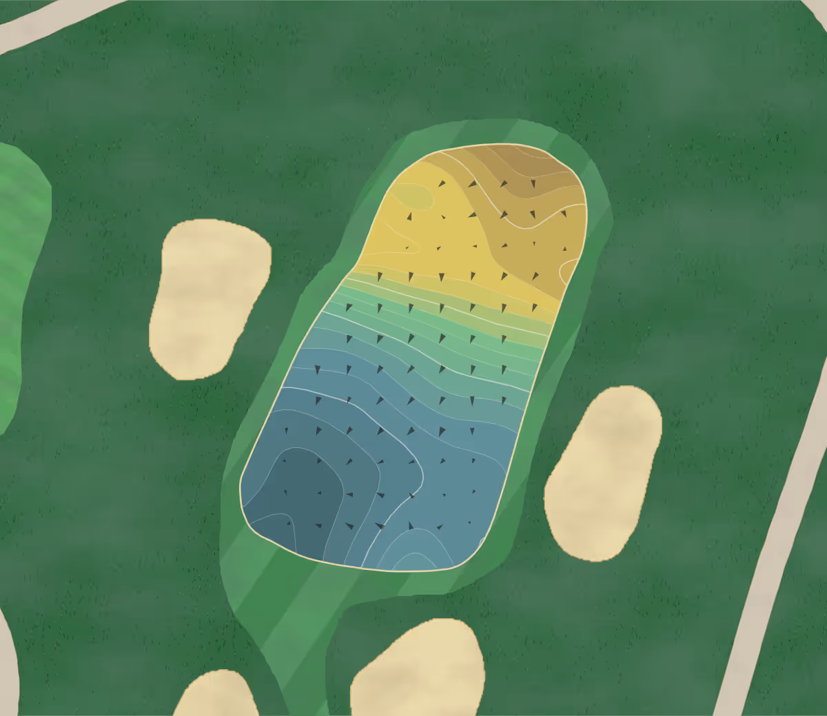 Green contour map of Overlook Golf in Lancaster, Pennsylvania — 208 elevation contours at a 3-inch interval with fall-line arrows, traced from 1-meter lidar