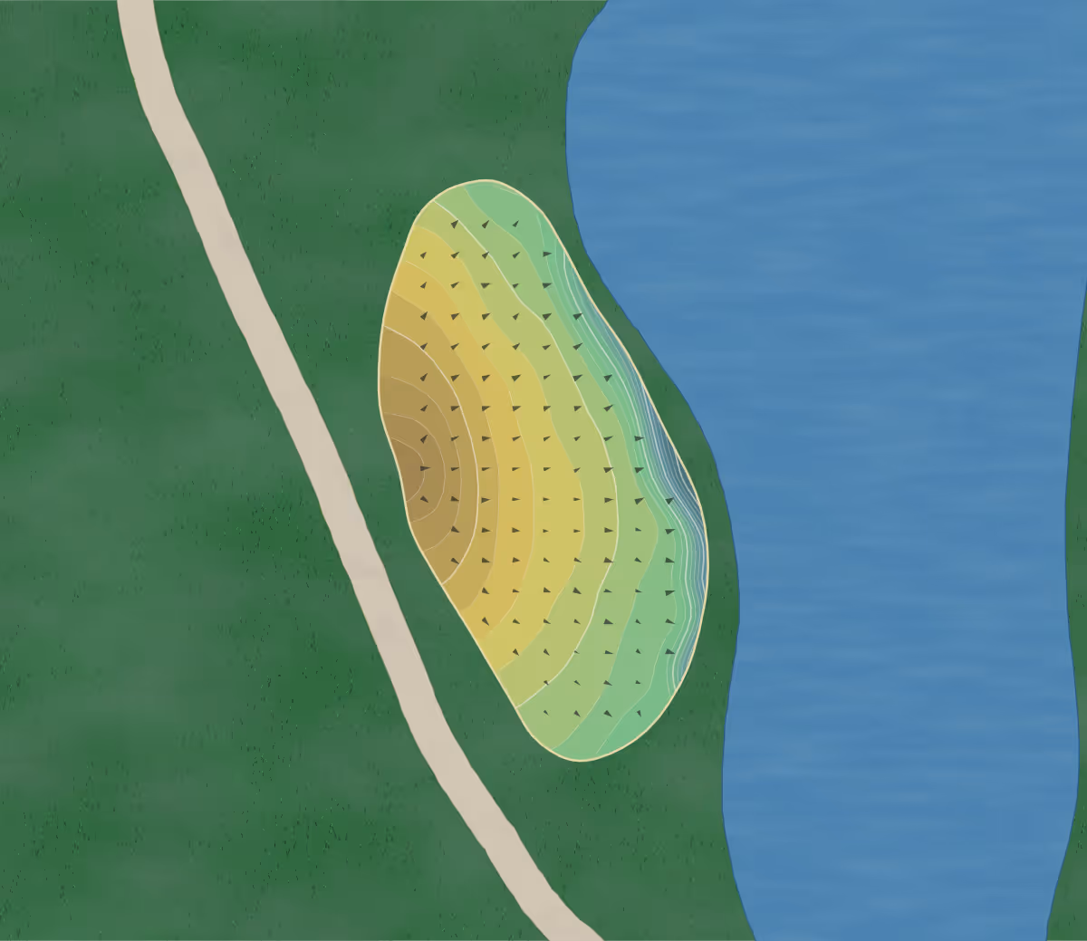 Green contour map of Overstone Park in Overstone, England — 196 elevation contours at a 8-centimeter interval with fall-line arrows, traced from 1-meter lidar