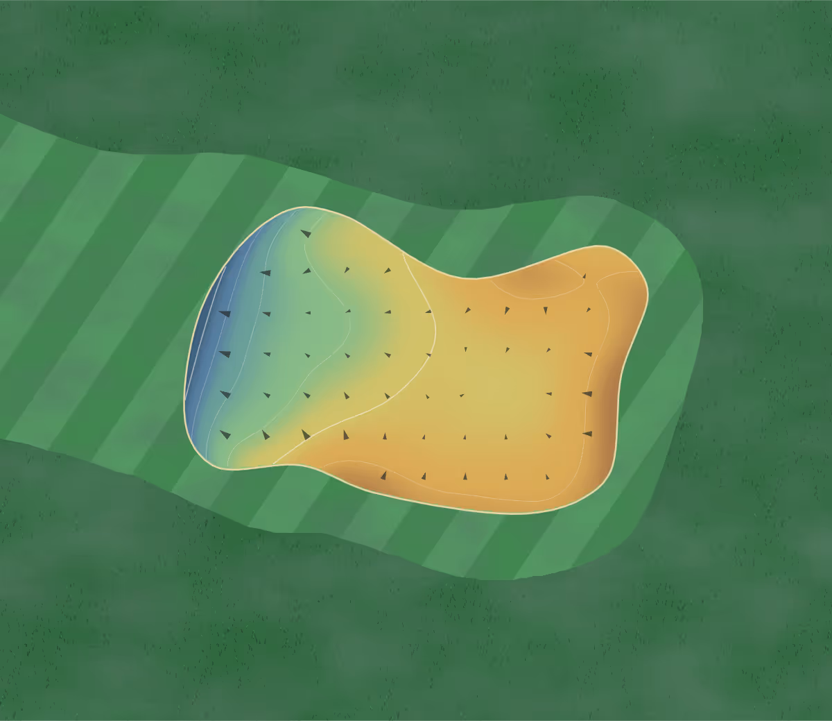 Green contour map of Overton GC in Overton, Nebraska: 36 elevation contours at a 3-inch interval with fall-line arrows, traced from 1-meter lidar