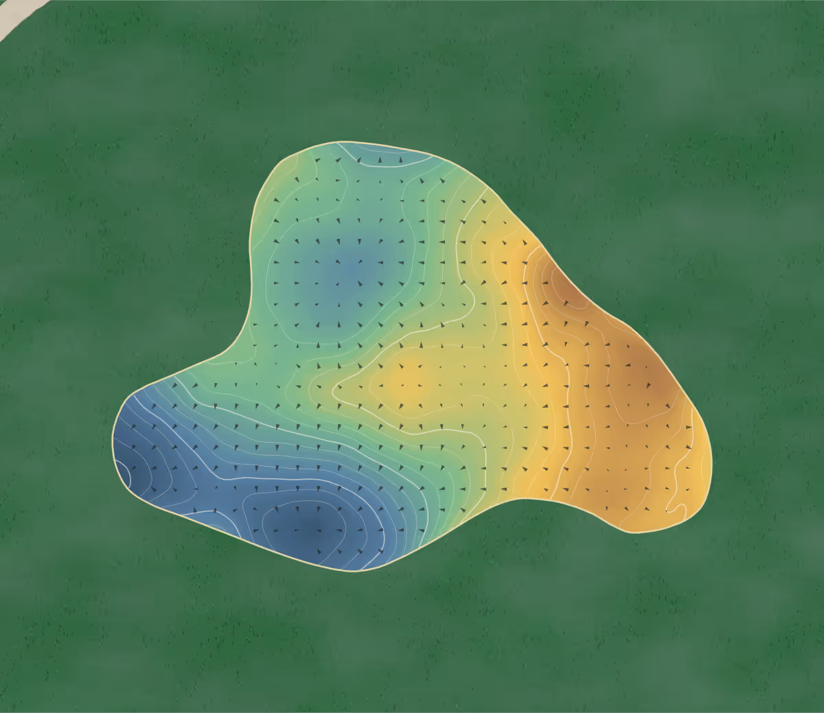 Green contour map of Oviinbyrd in Muskoka Lakes, Canada: 232 elevation contours at a 8-centimeter interval with fall-line arrows, traced from 1-meter lidar