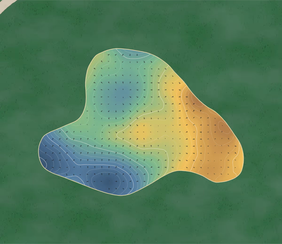 Green contour map of Oviinbyrd in Muskoka Lakes, Canada — 230 elevation contours at a 8-centimeter interval with fall-line arrows, traced from 1-meter lidar