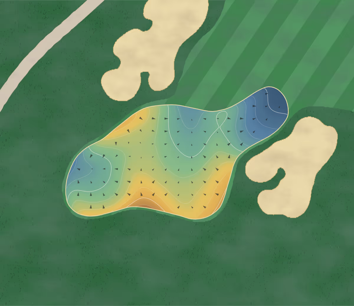 Green contour map of Oxbow Cc in Oxbow, North Dakota — 179 elevation contours at a 3-inch interval with fall-line arrows, traced from 1-meter lidar