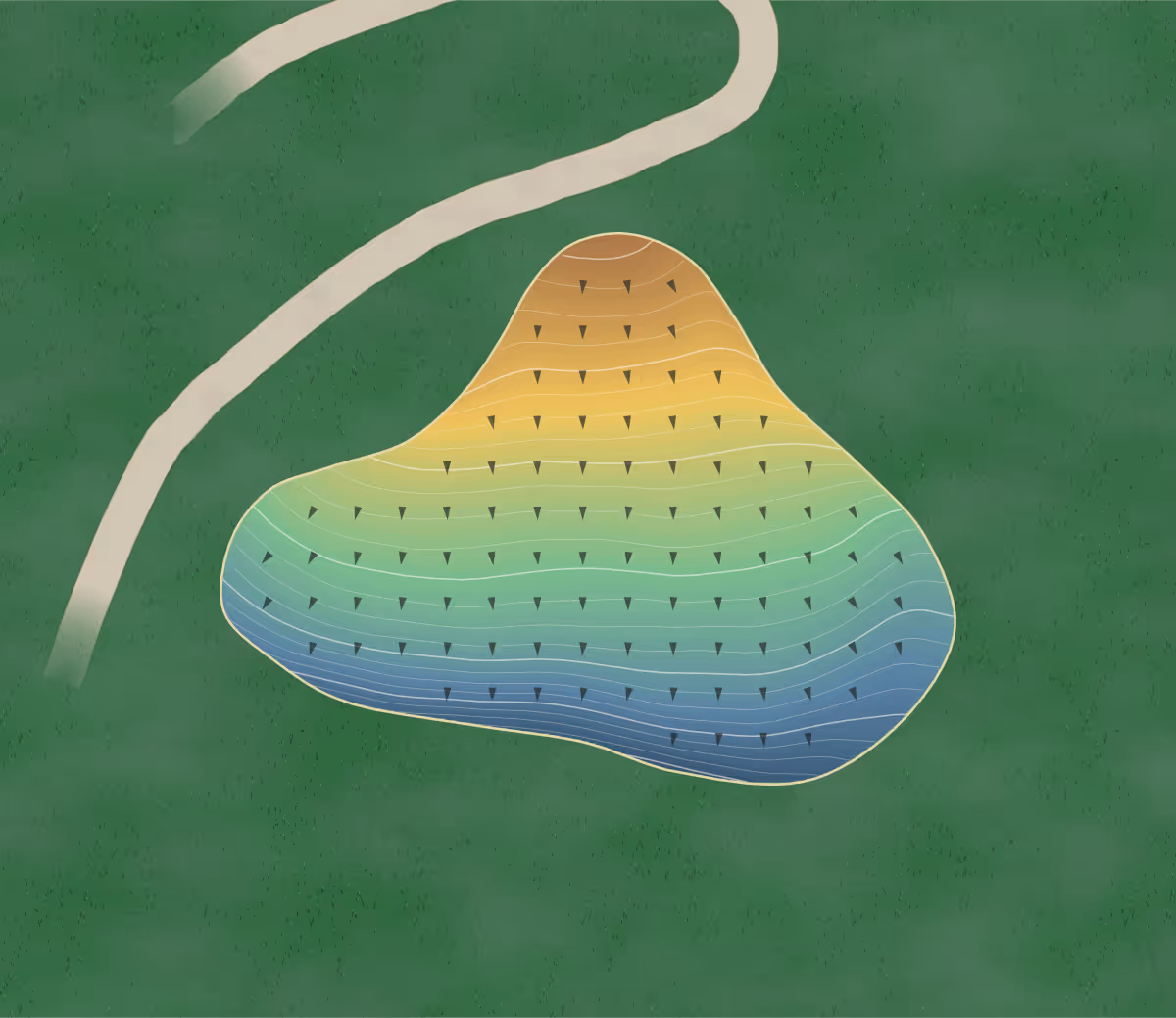 Green contour map of Oxbow Glen in Komoka, Canada — 245 elevation contours at a 8-centimeter interval with fall-line arrows, traced from 1-meter lidar