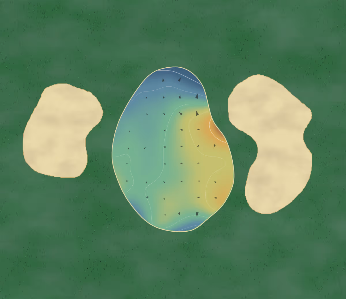 Green contour map of Oxley in Oxley, Australia — 5 elevation contours at a 8-centimeter interval with fall-line arrows, traced from 1-meter lidar