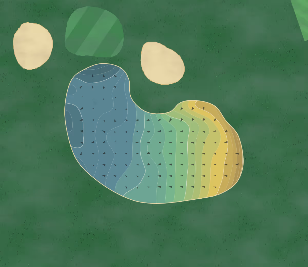 Green contour map of Oxley Park in Wolverhampton, England — 160 elevation contours at a 8-centimeter interval with fall-line arrows, traced from 1-meter lidar