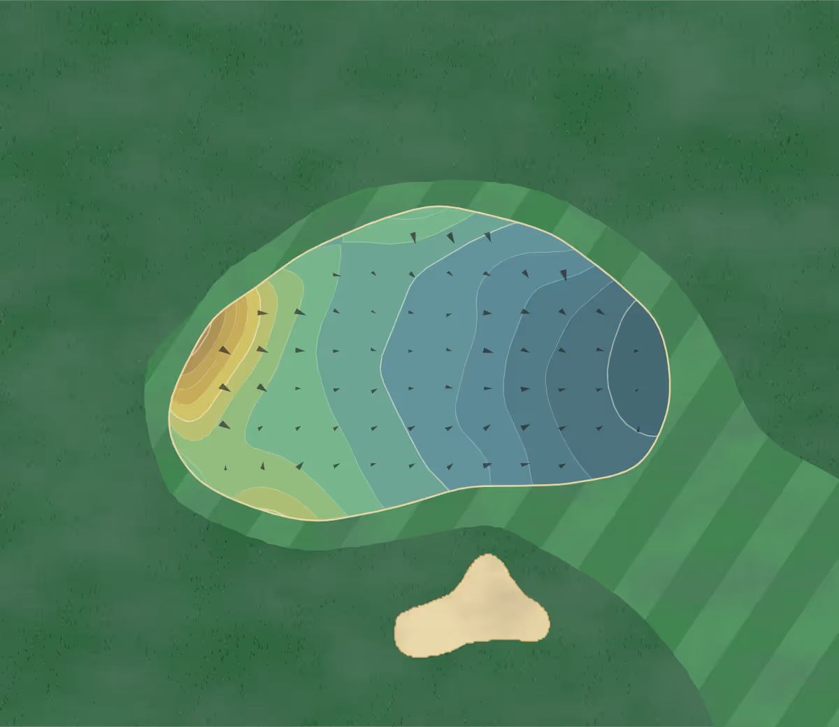 Green contour map of Oxmoor CC in Louisville, Kentucky — 201 elevation contours at a 3-inch interval with fall-line arrows, traced from 1-meter lidar