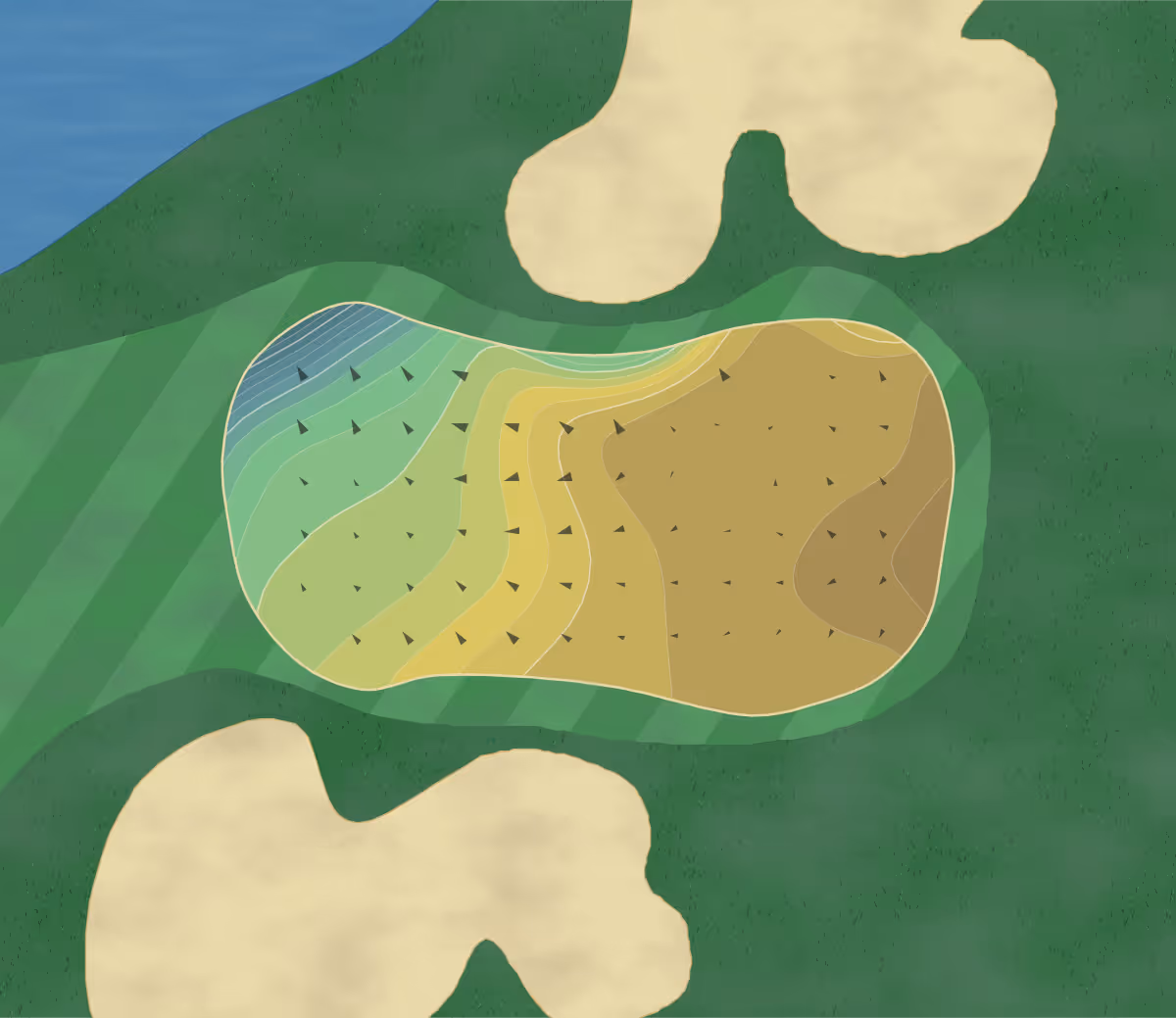 Green contour map of Oyster Reef in Hilton Head, South Carolina — 132 elevation contours at a 3-inch interval with fall-line arrows, traced from 1-meter lidar
