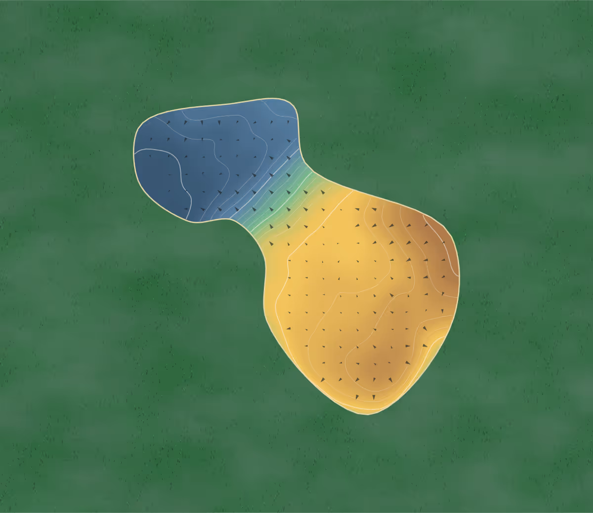 Green contour map of Pachesham in Leatherhead, England — 57 elevation contours at a 8-centimeter interval with fall-line arrows, traced from 1-meter lidar