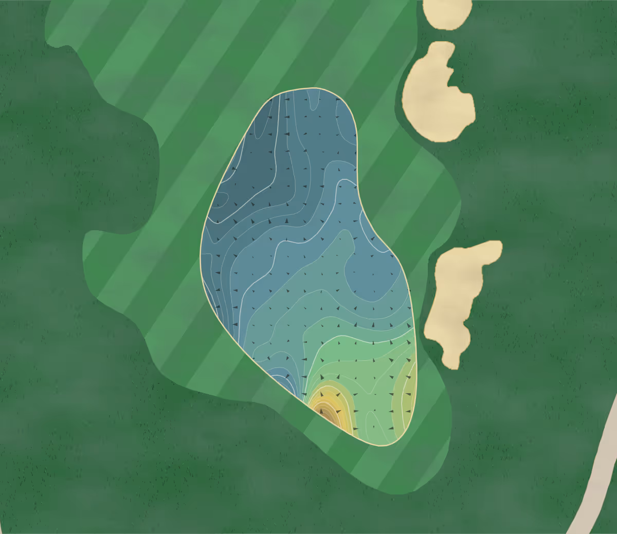 Green contour map of Pacific Dunes in Bandon, Oregon — 432 elevation contours at a 3-inch interval with fall-line arrows, traced from 1-meter lidar