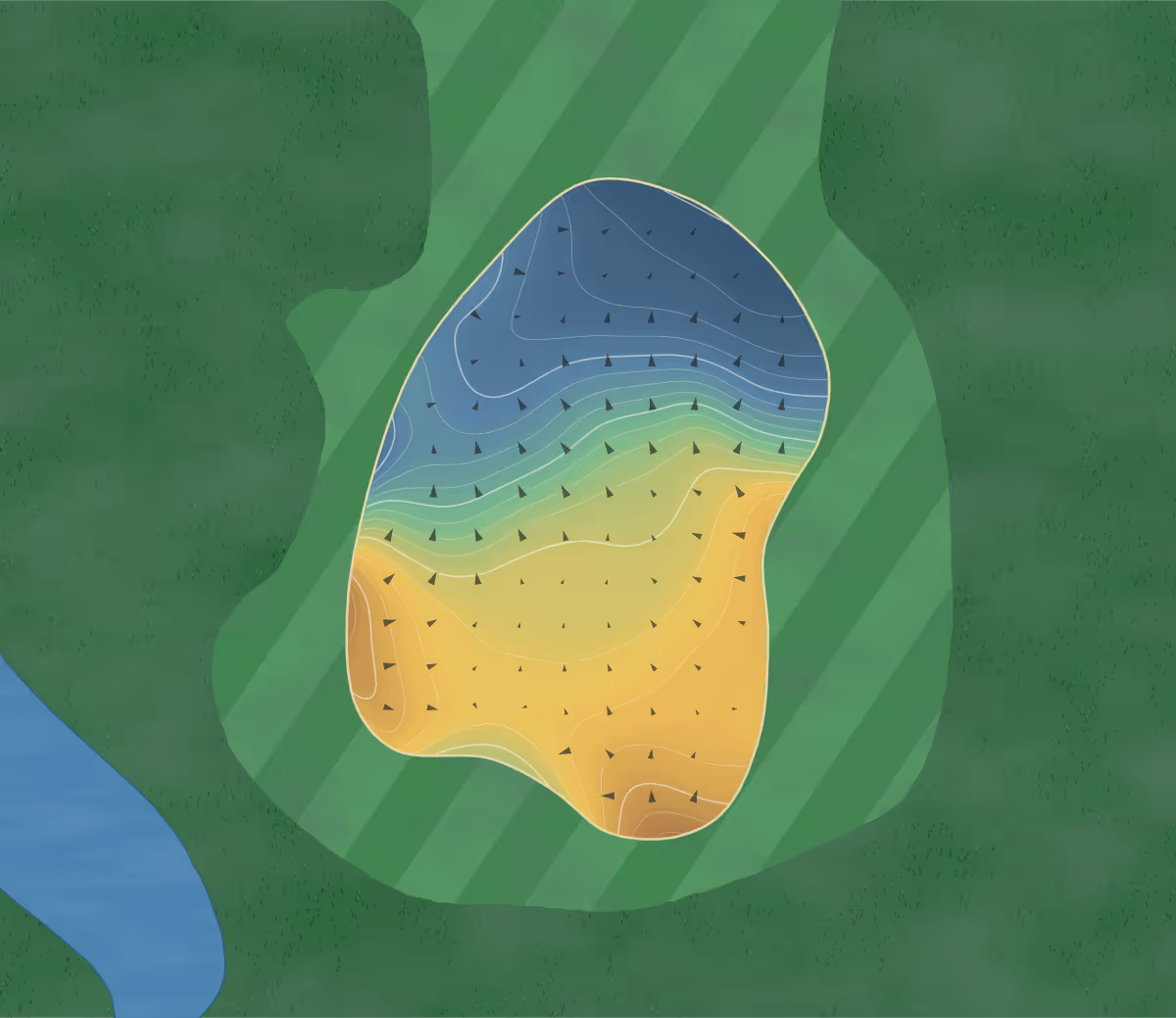 Green contour map of Pacific Harbour in Bribie Island, Australia — 127 elevation contours at a 8-centimeter interval with fall-line arrows, traced from 1-meter lidar