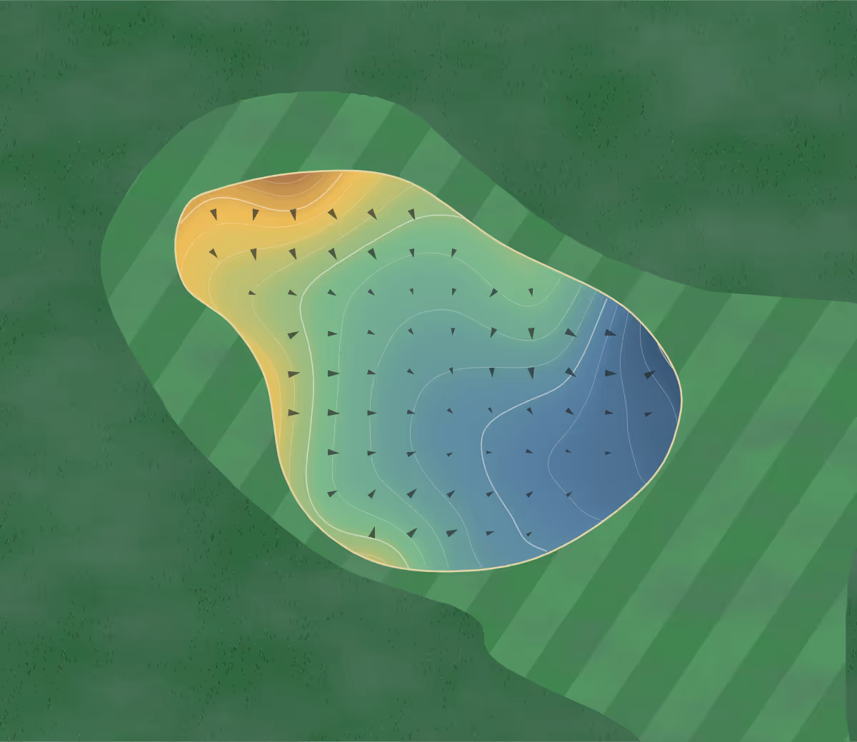 Green contour map of Page Belcher in Tulsa, Oklahoma — 196 elevation contours at a 3-inch interval with fall-line arrows, traced from 1-meter lidar