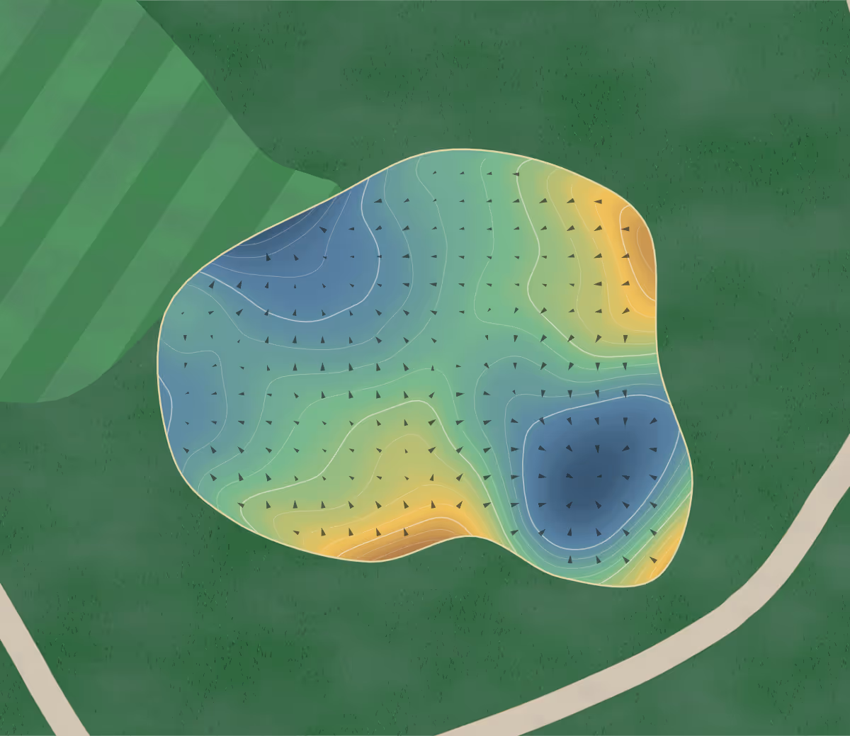 Green contour map of Pagoda Ridge in Canada — 225 elevation contours at a 8-centimeter interval with fall-line arrows, traced from 1-meter lidar