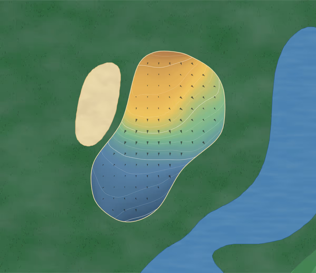 Green contour map of Pagosa Springs in Pagosa Springs, Colorado: 70 elevation contours at a 3-inch interval with fall-line arrows, traced from 1-meter lidar